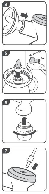 Diagram of how to assemble electric breast pump steps 1 - 7. Below is listed step by step actions on how to assemble