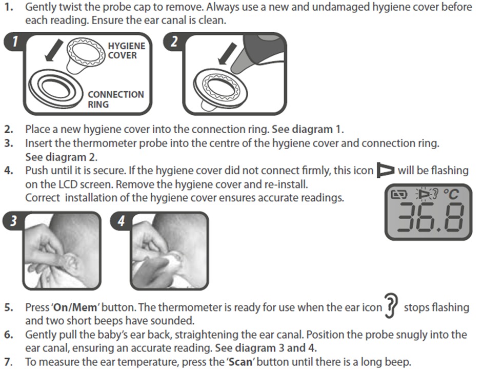 Diagram showing steps 1 - 9 on how to fit new hygiene cover on ear thermometer